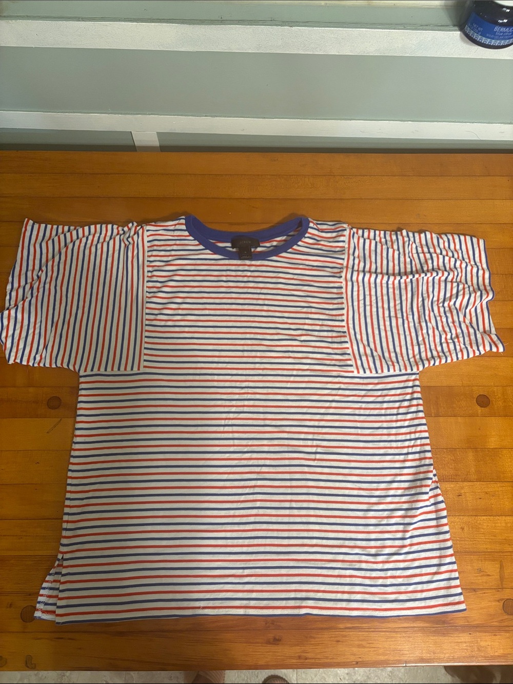 J. Crew White Tee with Red & Blue Stripes and Blue Neckline